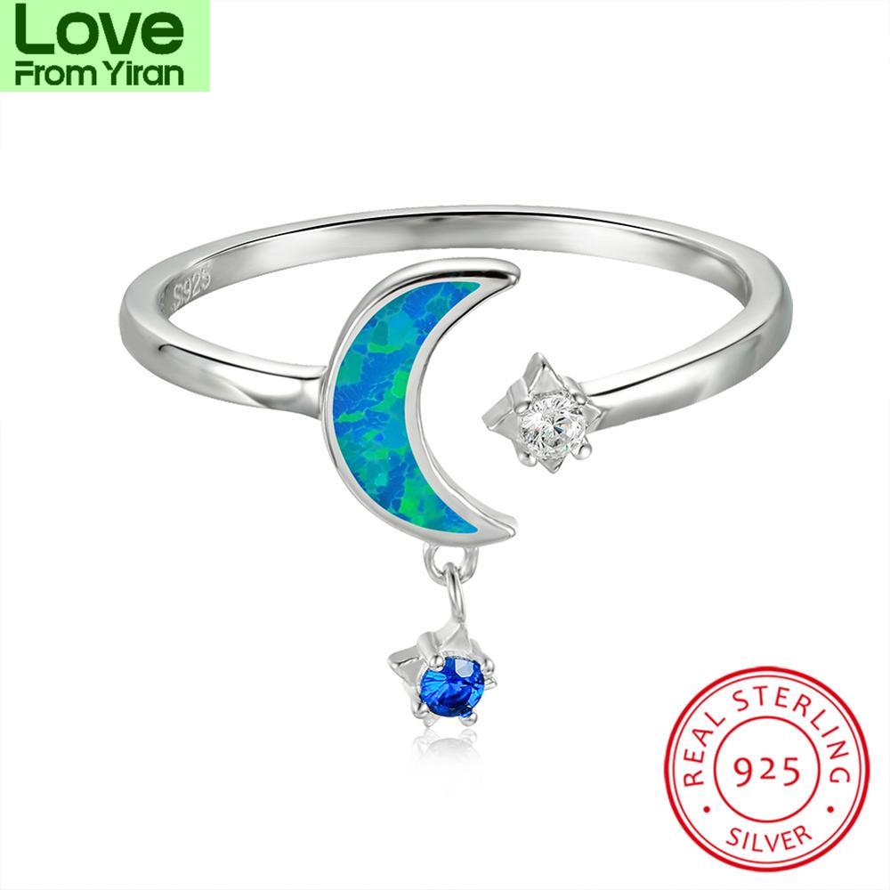 Cute Small Star Moon Ring 925 Sterling Silver Rose Gold Blue Fire Opal Rings For Women Blue Stone Dangle Wedding Thin Ring Band