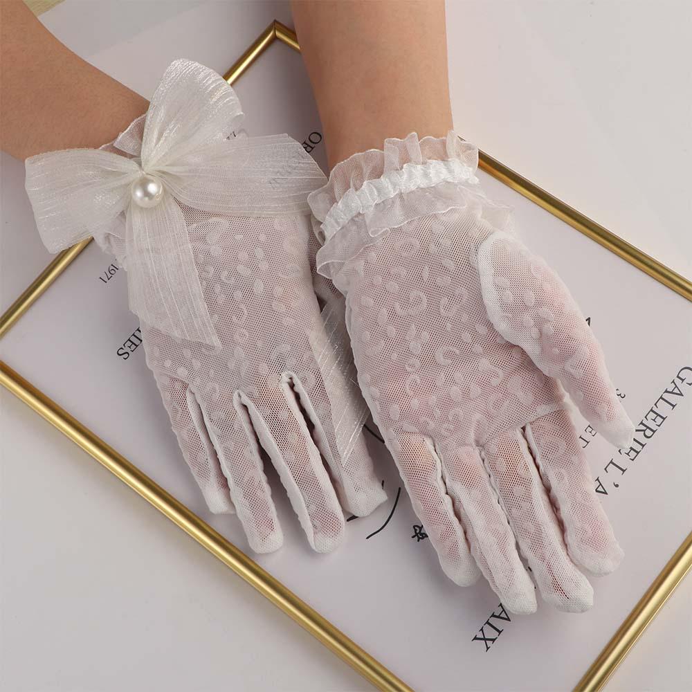 Женские гибкие аксессуары Свадебные жемчуга Белые перчатки Кружевные перчатки с бантом Свадебные варежки Оборки