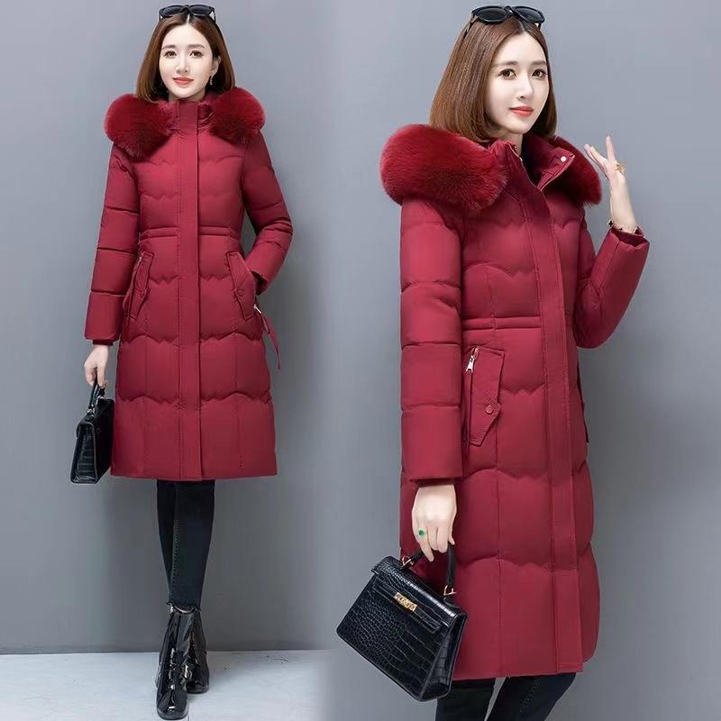 Winter Parka Women Puffer Jacket Thickened Slim Cotton-padded Jacket Warm Fur Collar Hooded Long Sleeve Coat Outerwear