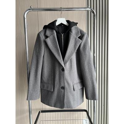 Осенне-зимние поступления, женское пальто с капюшоном и длинными рукавами в елочку с накладными плечами