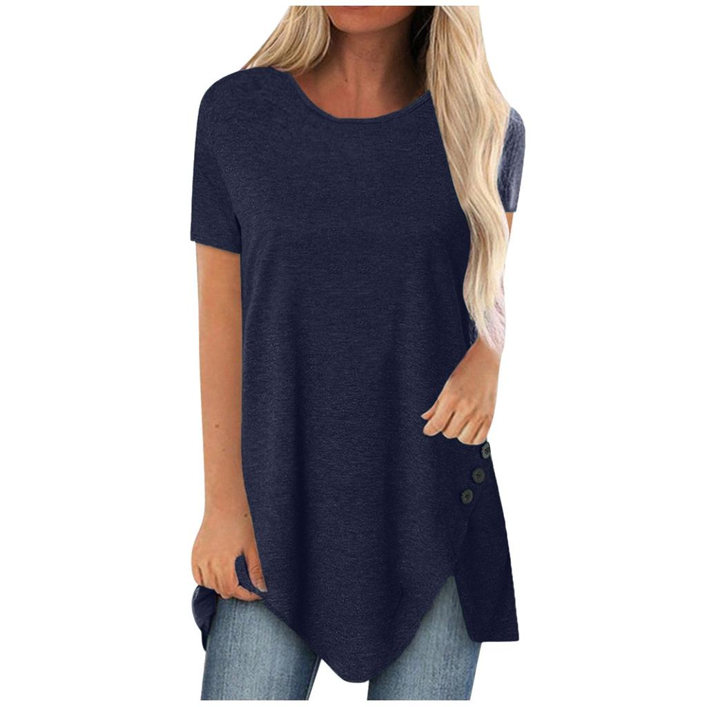 Womens Summer Tops Short Sleeve Blouses Casual Tunic Shirts V Neck Solid Color Button Side Tops