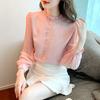Модная розовая шифоновая блузка с длинным рукавом и воротником-стойкой, женские топы J297