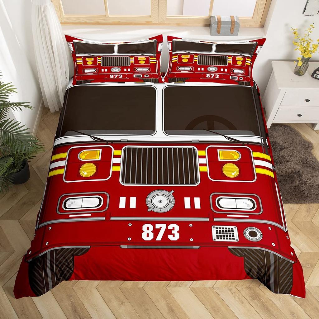 Firefighter Truck Duvet Cover King/Queen Size Red Firemen Car Bedding Set For Kids Boys Girls Fire Engine Polyester Quilt Cover