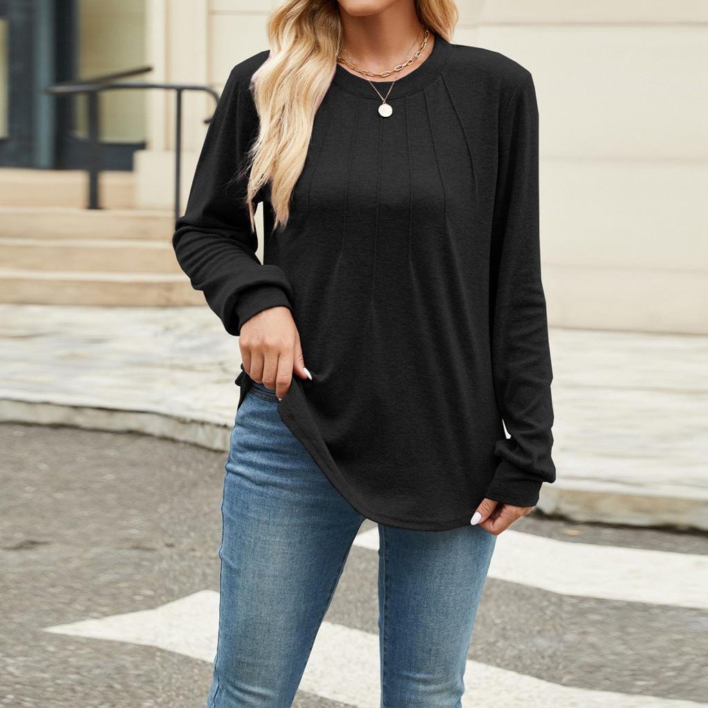 Женская мода повседневный однотонный плиссированный круглый вырез с длинным рукавом свободный пуловер топ