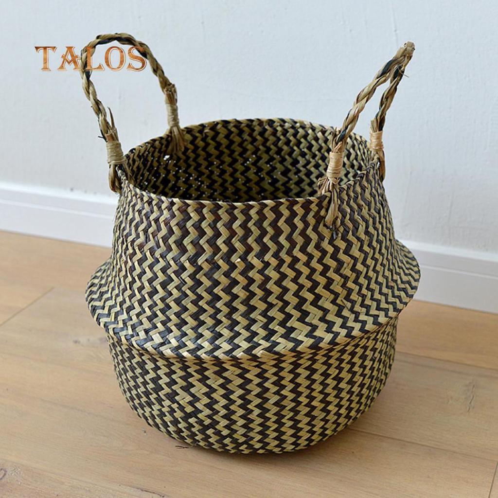 T-Garden Folding Straw Wicker Storage Basket Handle Garden Flower Pot Planter Laundry Bag