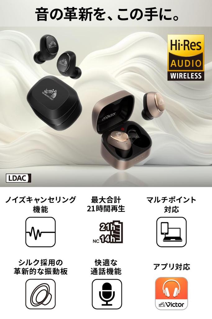 JVC Kenwood Victor Wireless Earphones Bluetooth Noise Canceling High Resolution LDAC Compatible With Microphone External Sound Capture Waterproof Low