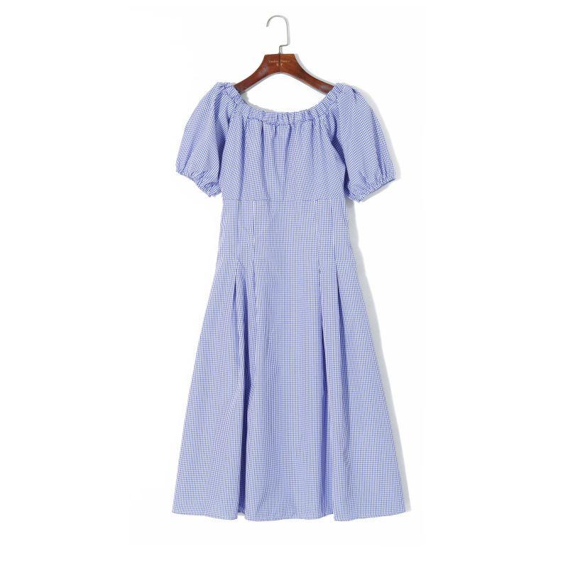 2025 Summer Women clothes Fresh Color Matching Plaid Off-Neck Pullover Puff sleeve High Waist Slim fit Age Reducing Dress