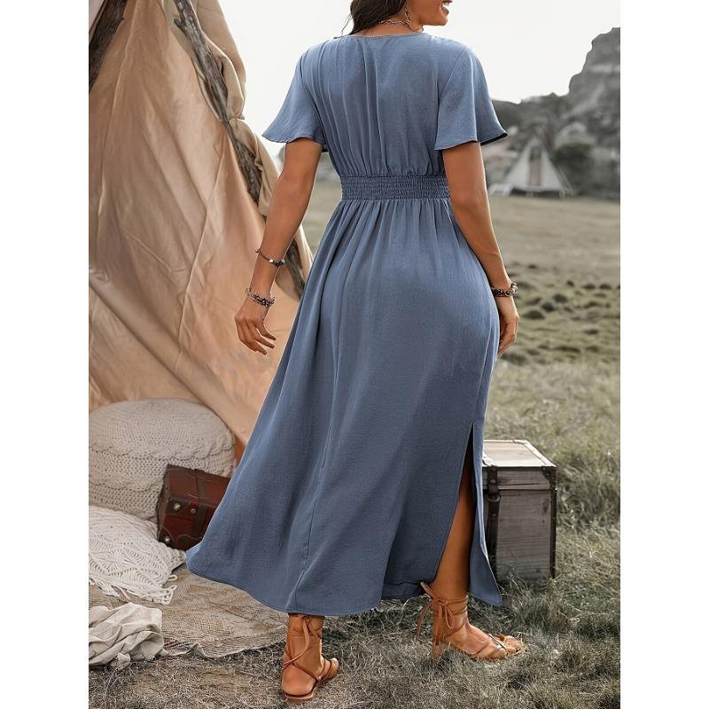 YYFS Women's Fashion Summer Spring Solid Color Print Short Sleeve V-Neck High Waist Casual Dresses