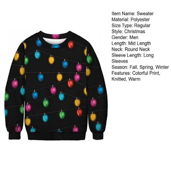 Мужской зимний рождественский свитер с красочным 3D принтом, вязаный круглый вырез, толстый, мягкий, теплый, с длинным рукавом, эластичный, антипиллинг, свитер для пар, новогодняя одежда