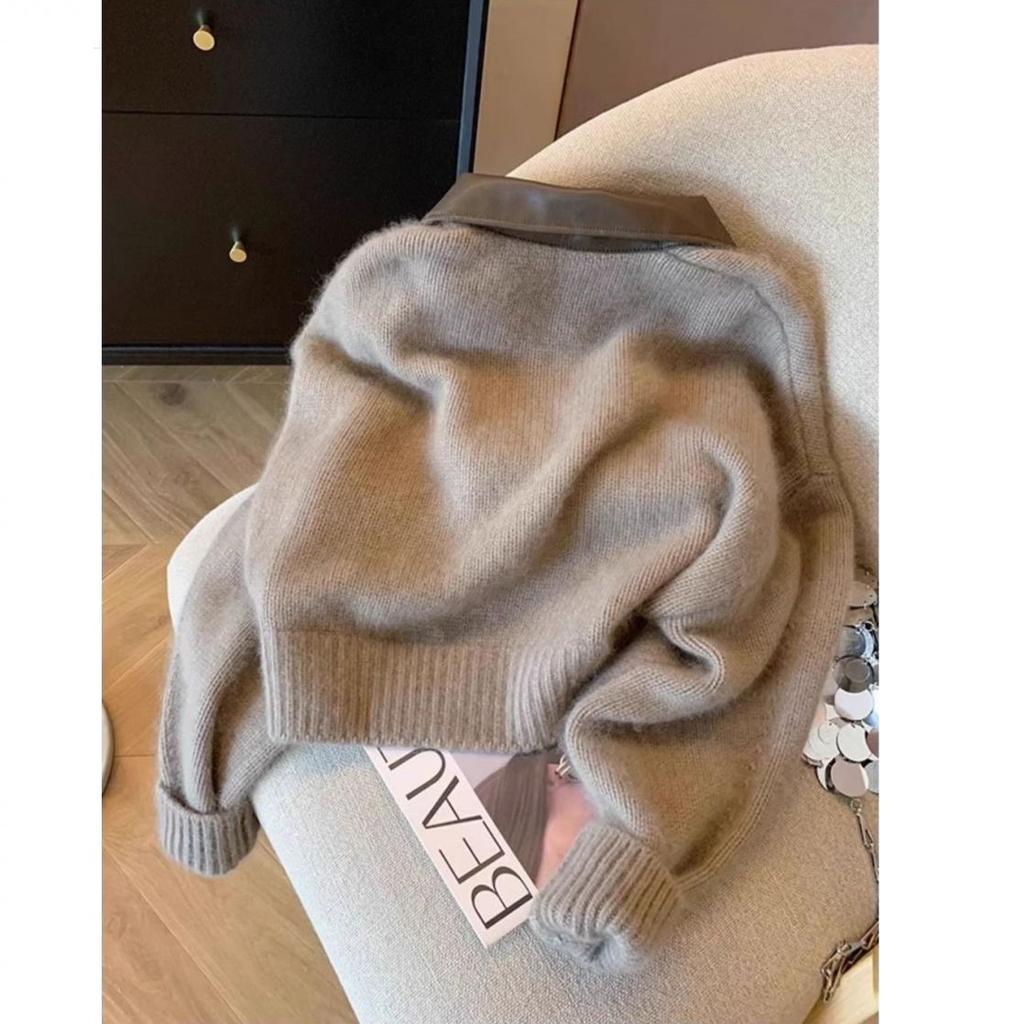Coat Patchwork Leather Collar Zipper Short Fashion Socialite Spring and Autumn Sweater Cardigan for Women