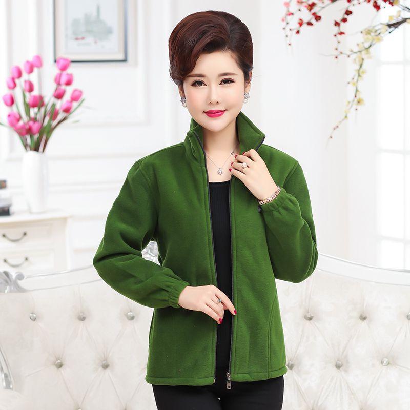 Middle-aged Elderly Women's Polar Fleece Sports Jacket Spring and Autumn Stand Collar Loose Outdoor Casual Sweatshirt Fleece Solid Color Short Top