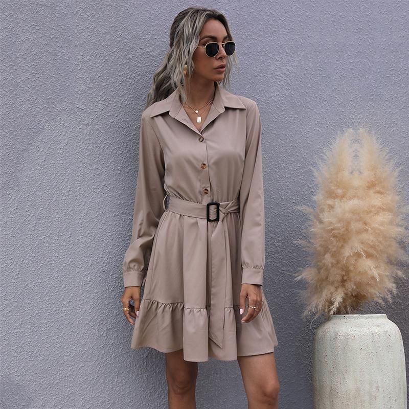 YYFS Женская мода лето весна однотонный принт с длинным рукавом поло шеи повседневные платья