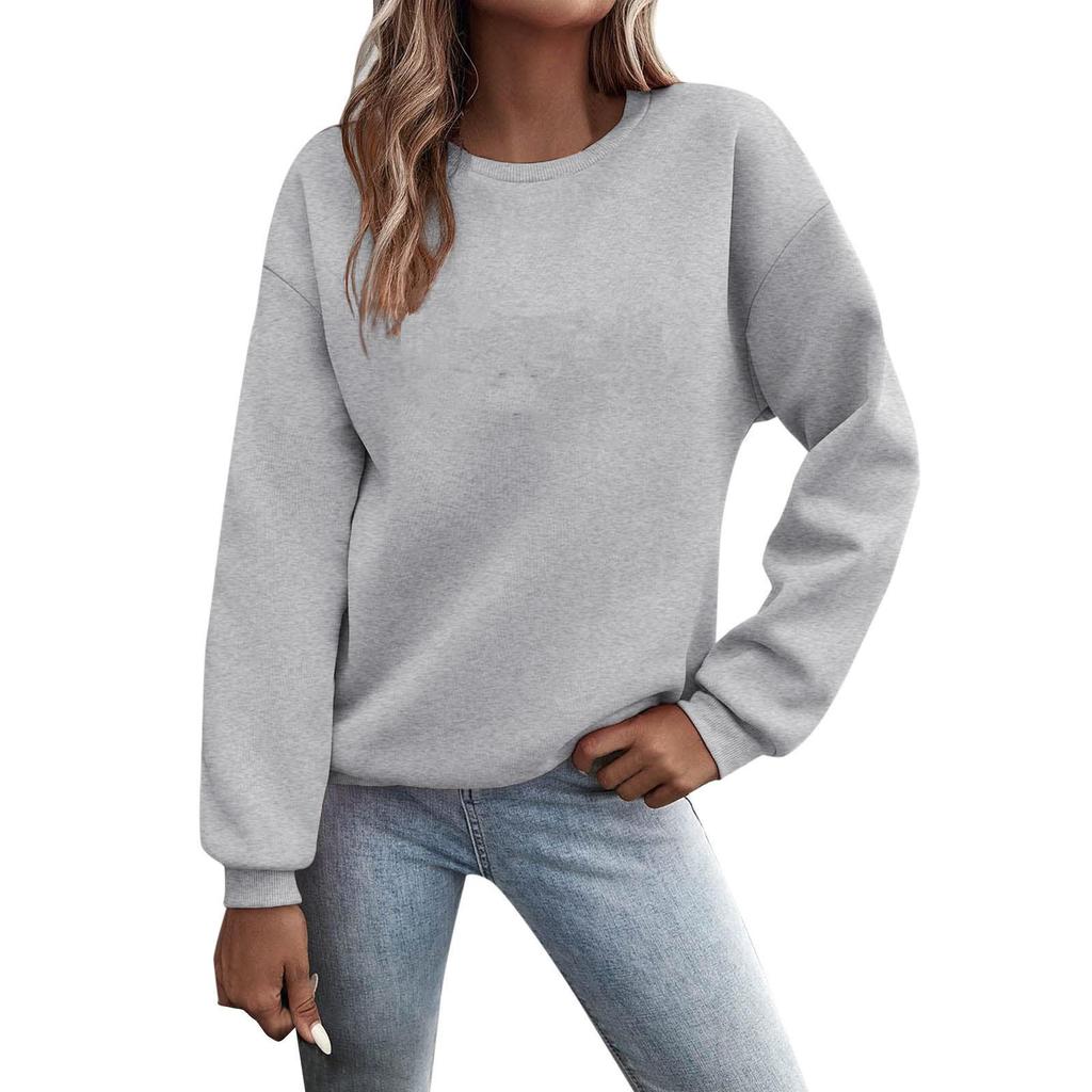 Women's European and American Loose Fit Round Neck Solid Sweatshirt - Autumn/Winter Plus Velvet Long Sleeve Casual Sports Top