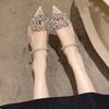 Fashion Outer Wear Thin Heel Slippers Women's Summer 2025 New Rhinestone Square Buckle High Heel Transparent Bag Head Half Tray Sandals