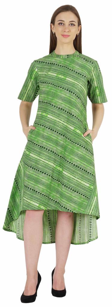 Phagun Printed Cotton Dress W Pockets Mandarin Collar Asymmetrical Knee Length Dress For