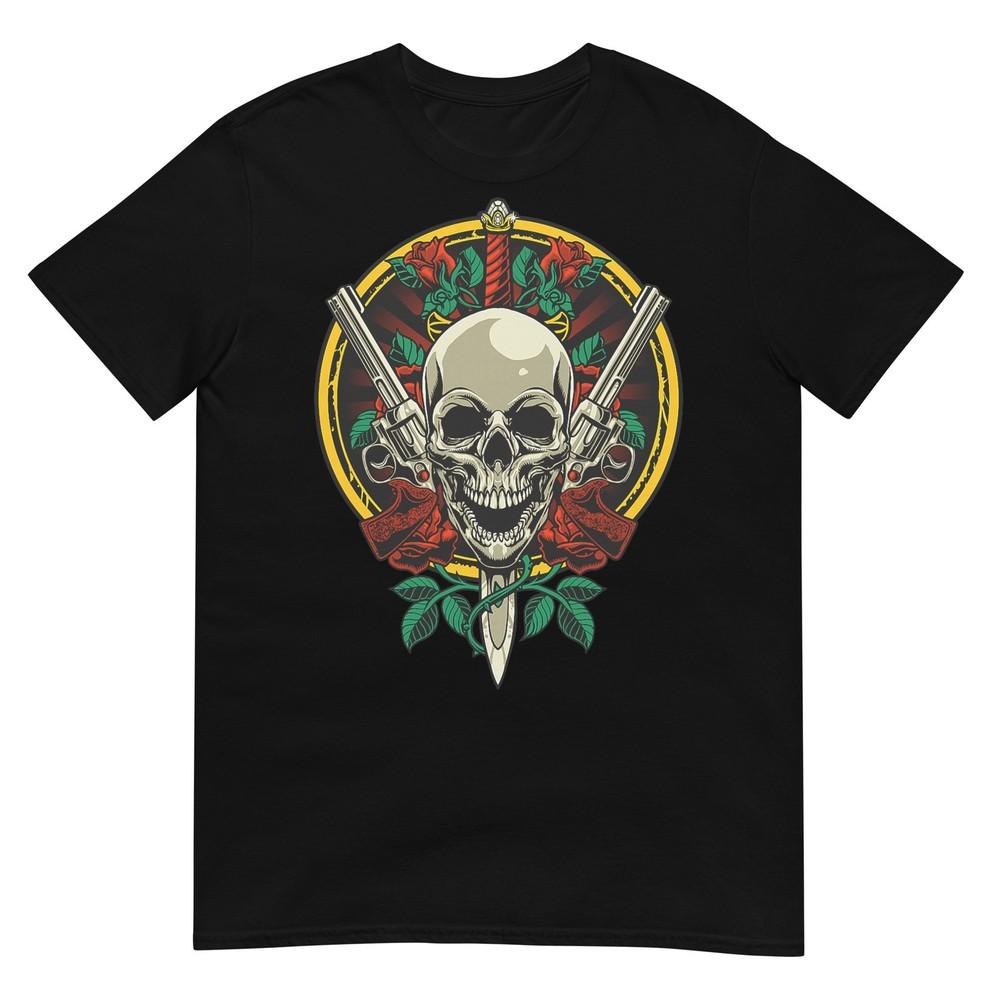 Skull Face With Roses 80s 90s Rock Music Guns And Skull Tshirt