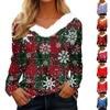 Women's Fashion Long Sleeve Christmas Printed Party Plush Neck V-Neck Top