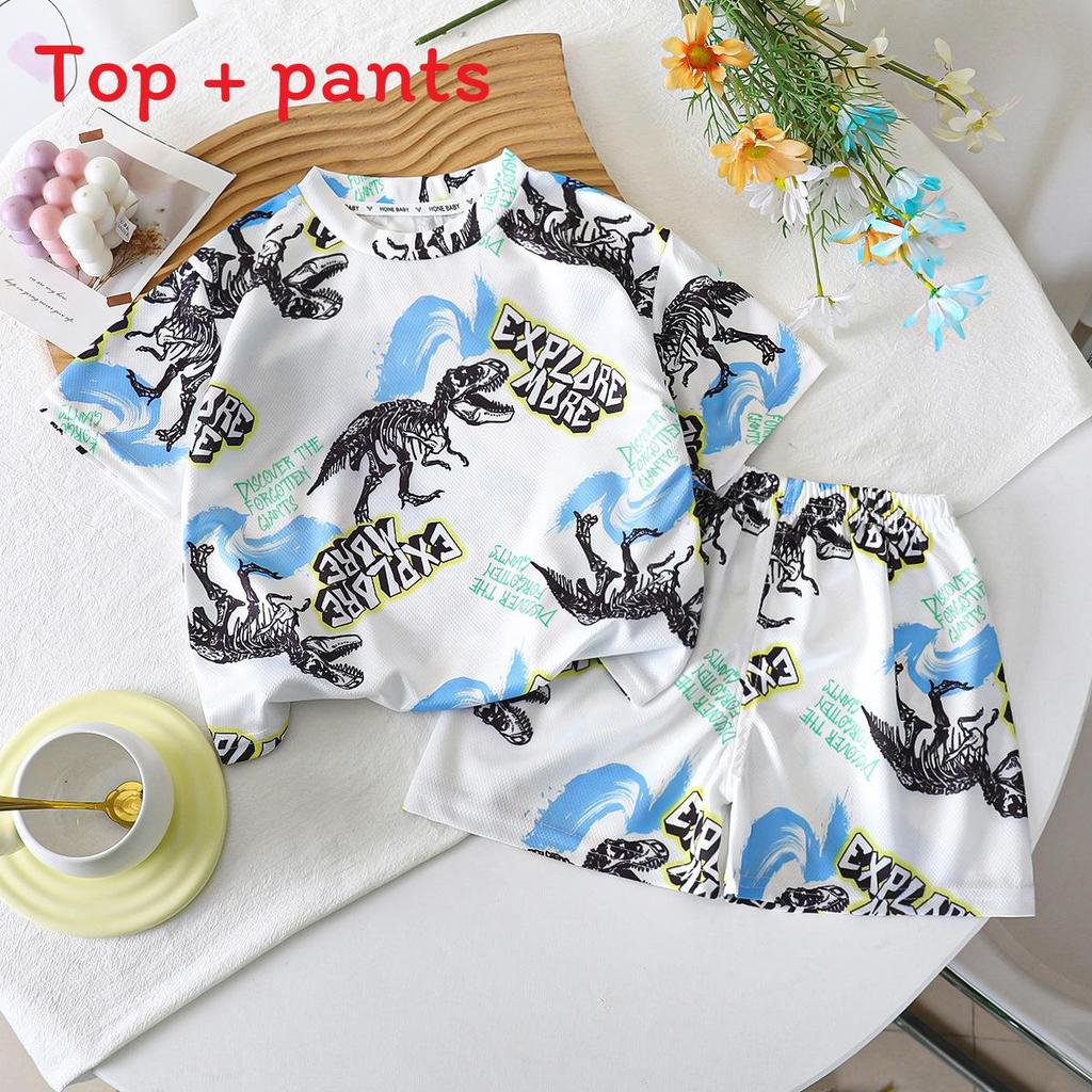 Cartoon Dinosaur Summer Boys Toddler Twopiece Set With Short Sleeve Top And Shorts