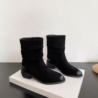 Юэю ретро плиссированные сапоги-чулки женские 2025 новые осенние на высокой подошве с маленьким острым носком короткие сапоги ковбойские сапоги в западном стиле