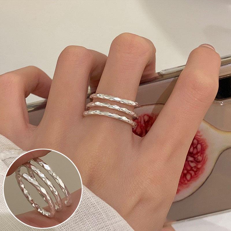 Korean S925 Silver-Plated Three-Layer Retro Hip-Hop Stacking Ring for Women