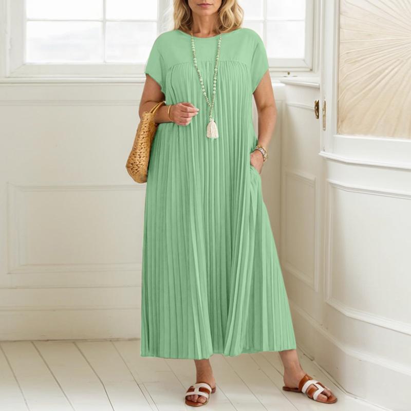 ZANZEA Женское летнее повседневное платье с круглым вырезом спереди и складками с коротким рукавом