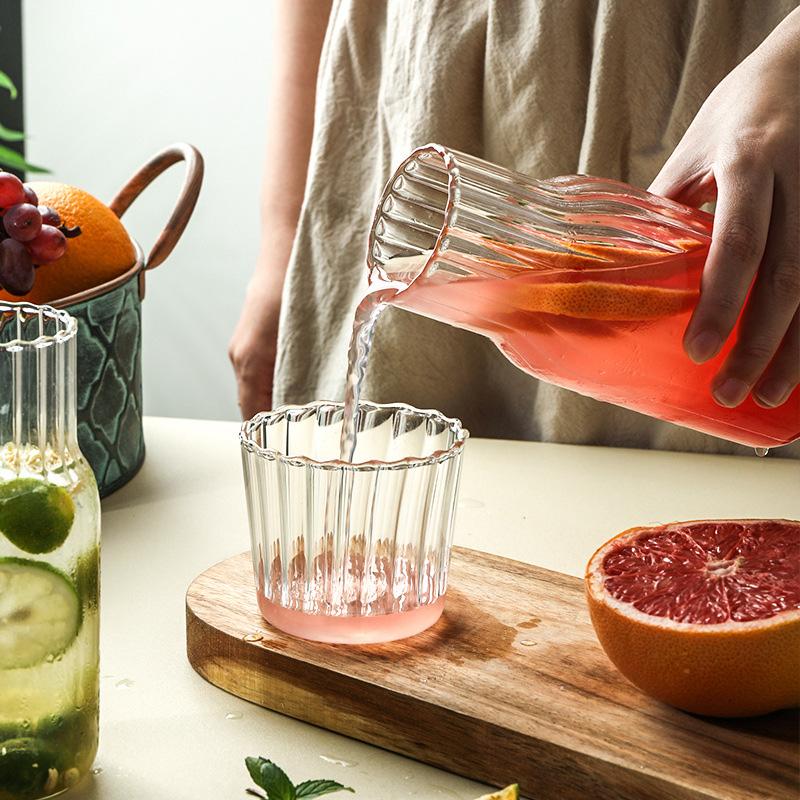 1Set Large-capacity Stripe Drinking Cup Juice Jug Set Glass Bottle Pitcher Transparent