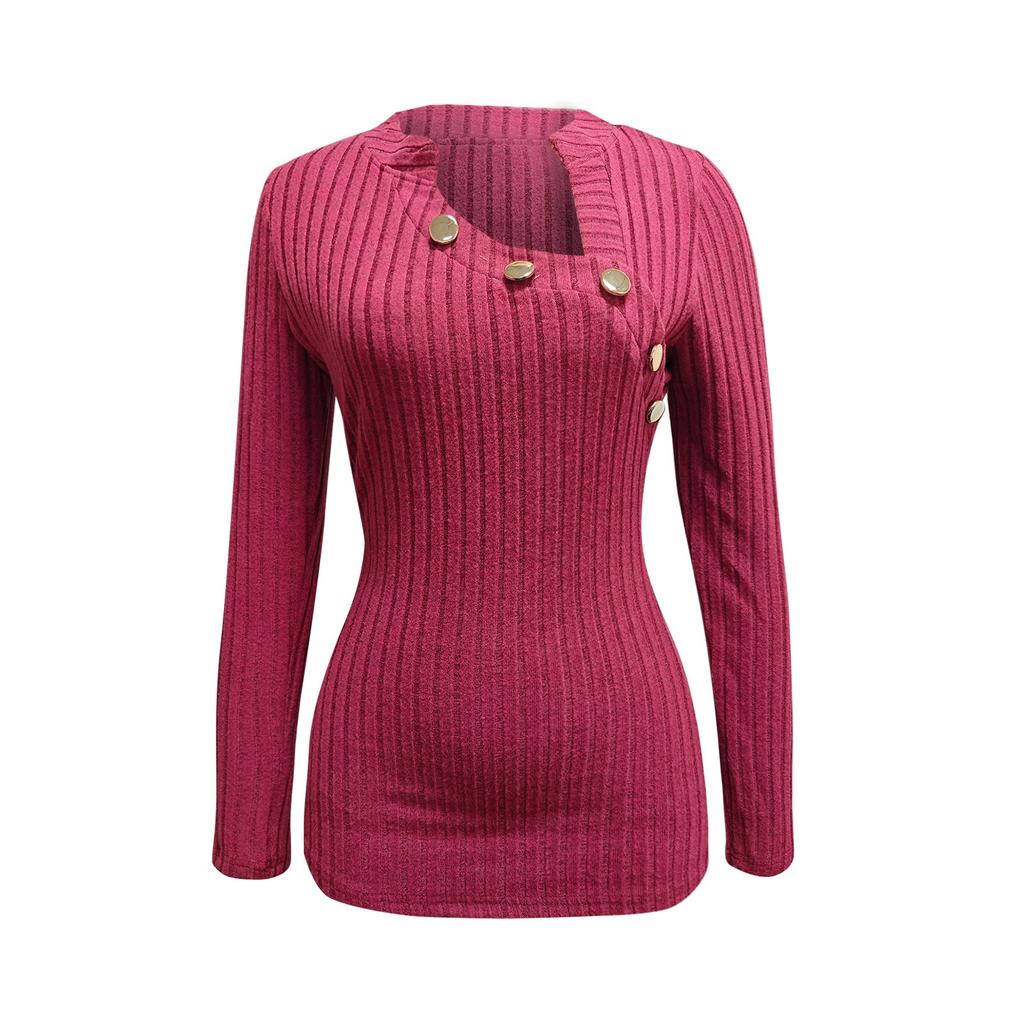 Женская осенняя мода с длинным рукавом и V-образным вырезом, украшенная металлическими пуговицами