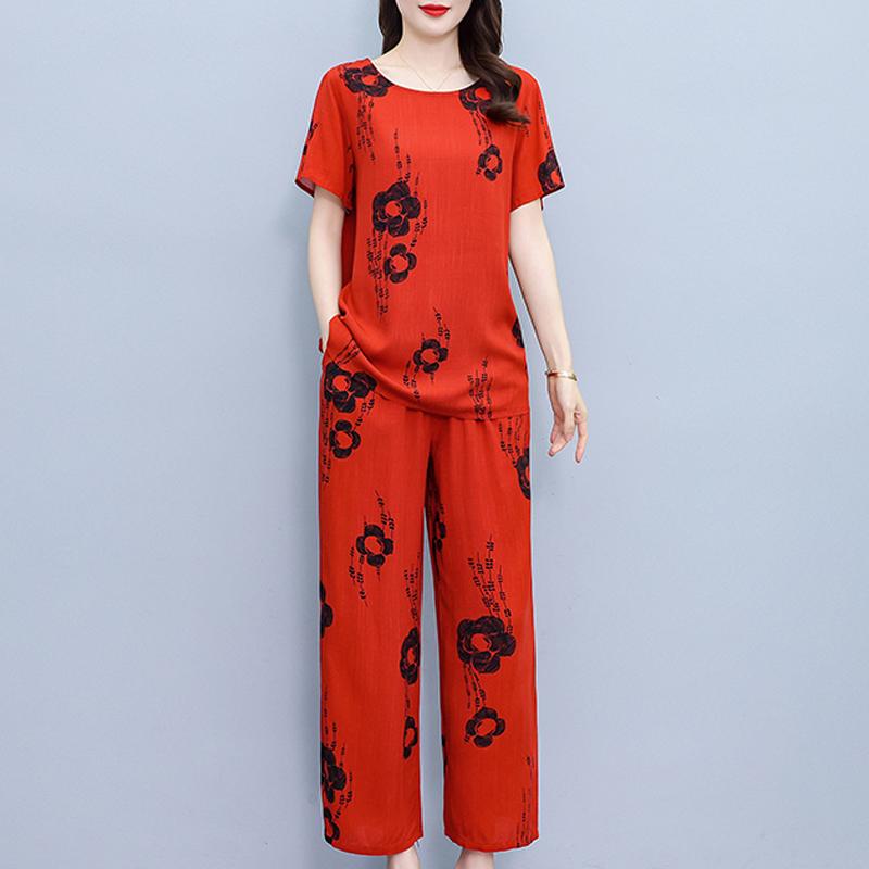 Летние комплекты с широкими брюками больших размеров с винтажным принтом, повседневные элегантные свободные комплекты для женщин, комплект из 2 предметов