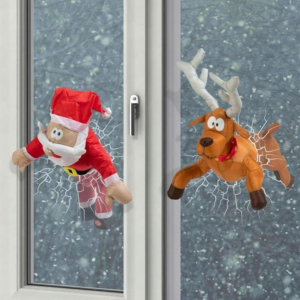In-Stock 3D Crashing Santa Elk Animated Christmas Decoration, Funny Party Window Decoration Ornament With Glass Shard Sticker