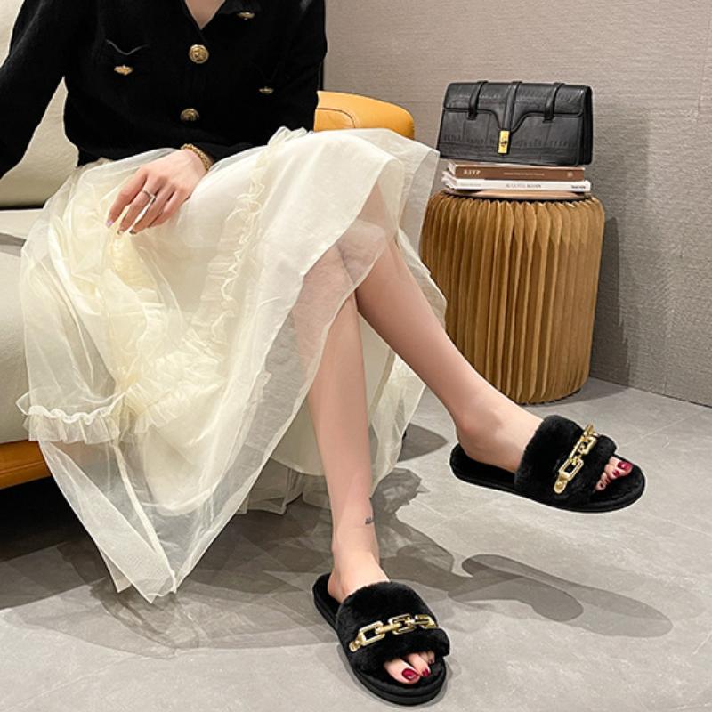 Новые хлопковые тапочки, модные металлические цепочки, теплые домашние плюшевые тапочки, женские удобные туфли на плоской подошве 2024