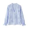 Kaslead New Women clothes Western Style Texture Stripe Plate Flower Poplin Shirts 0387070