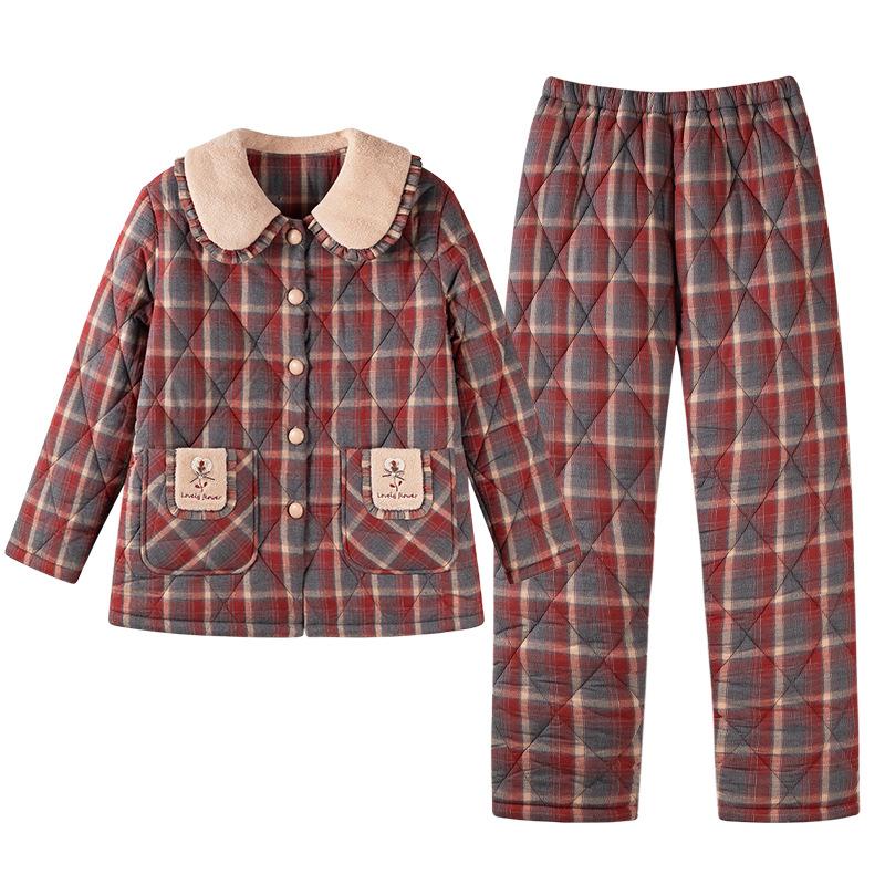 Пижама женская зимняя тканая из чистого хлопка с подкладкой большого размера зимний трехслойный утолщенный бархатный клетчатый комплект для дома