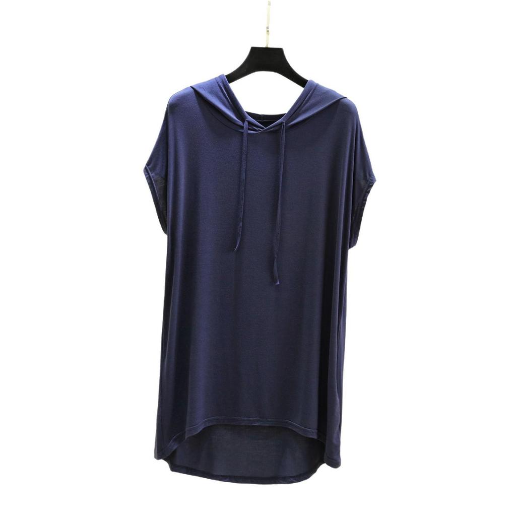 Женская футболка с капюшоном из модала с коротким рукавом для защиты от солнца - Весна/Лето, Большой размер, Слим-фит, Повседневный свободный крой