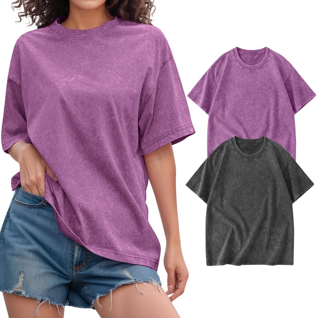 2PC Unisex T-shirt Casual Loose Solid Color Round Neck Pullover Short Sleeve T-shirt Top