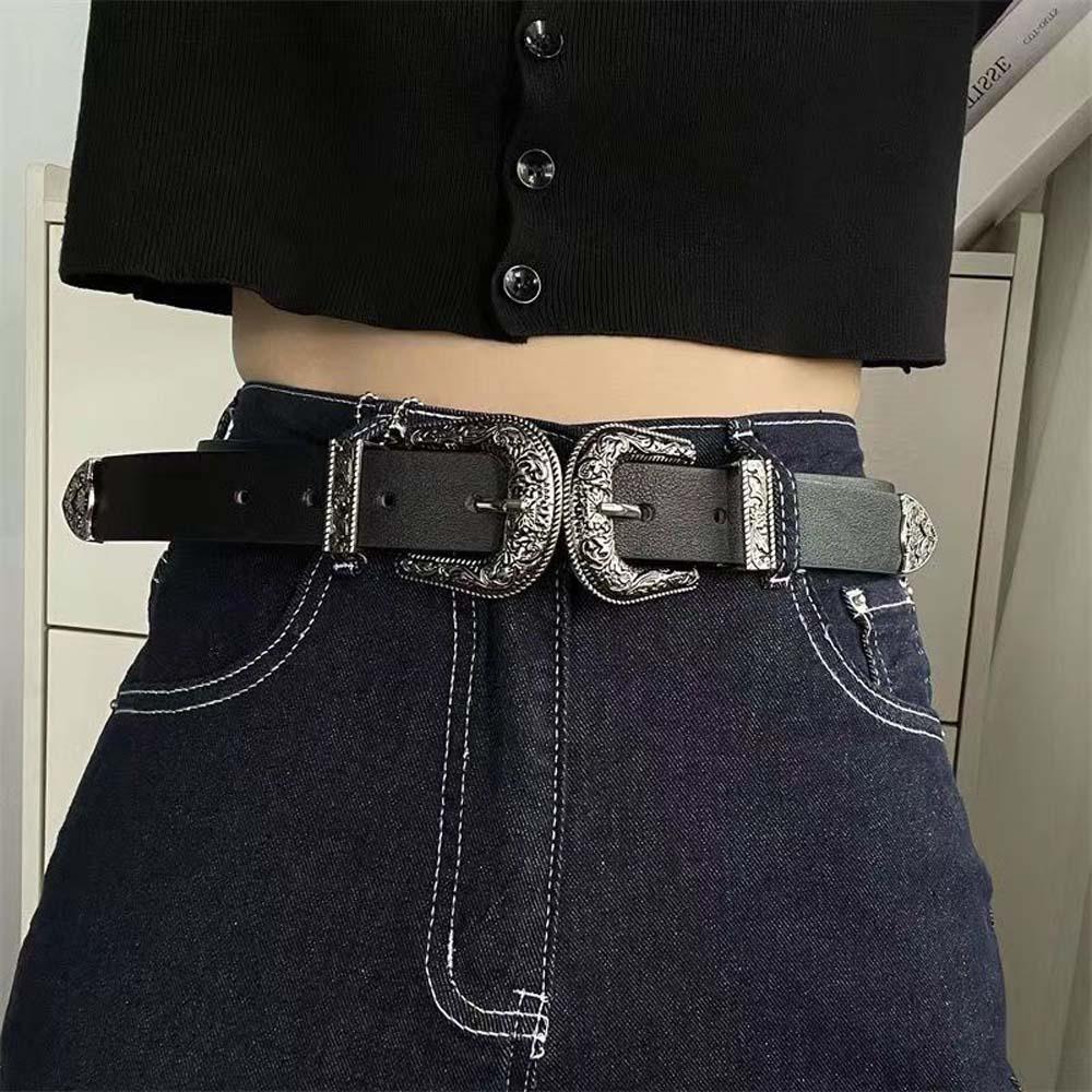 Cool Carved Buckle Belt American Style PU Vintage Waistband Fashion Double Buckle Waist Belt Party