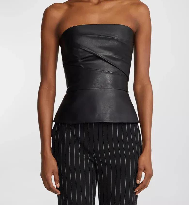 Формальный кожаный топ из натуральной черной кожи ручной работы из овчины для повседневных вечеринок стильных женщин