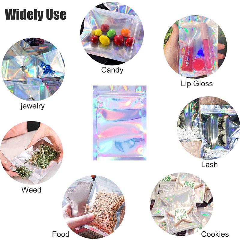 20pcs Holographic Flat Foil Bags Laser Mini Aluminum Zip Lock Plastic Bag Resealable Smell Proof Bags for Favor Food Storage Gift Package Supplies