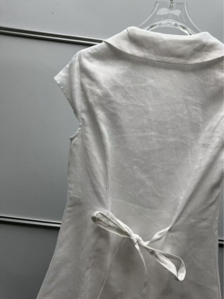 Французская минималистичная льняная рубашка с коротким рукавом и элегантным воротником-куклой