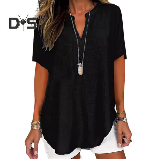 Женская рубашка с V-образным вырезом, коротким рукавом, свободный крой, повседневная рубашка, однотонная эластичная футболка, повседневная одежда