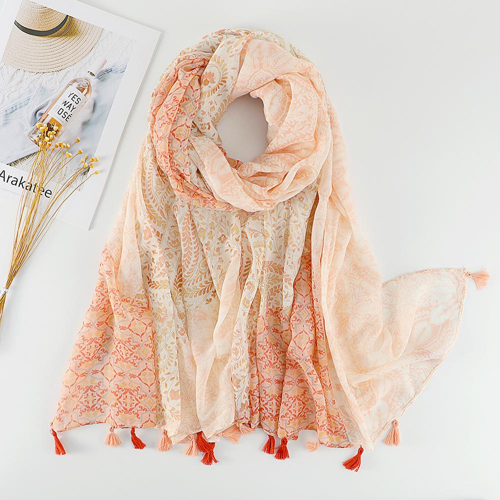 Fresh and Elegant Red Petal Mixed Printed Tassel Scarf for Women Cotton and Linen Scarf for Travel Decorative Shawl