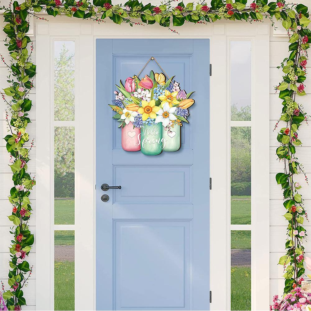 Hello Spring Flower Door Sign Hanging For Spring Front Door Wall Home Decoration