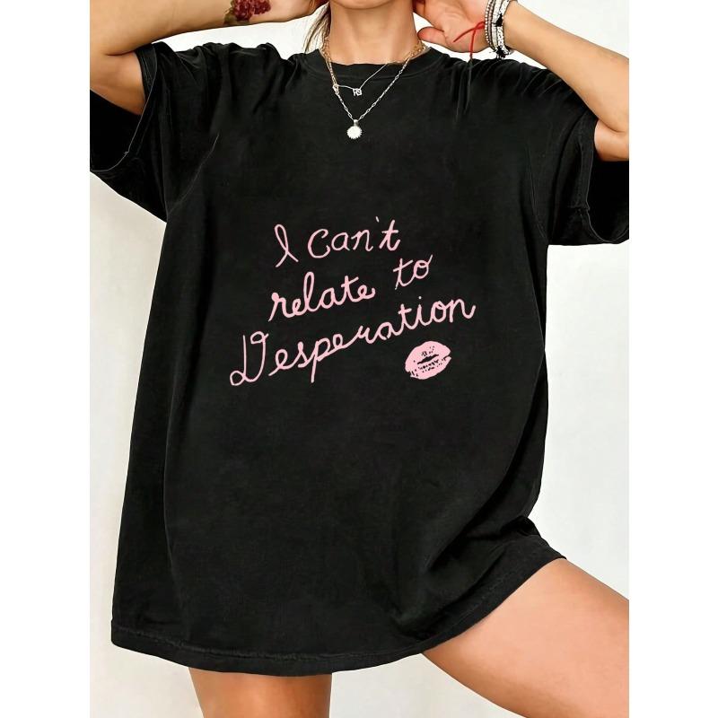 Black Oversized T Shirt With I Cant Relate To Desperation Text And Lip Print For Casual Wear