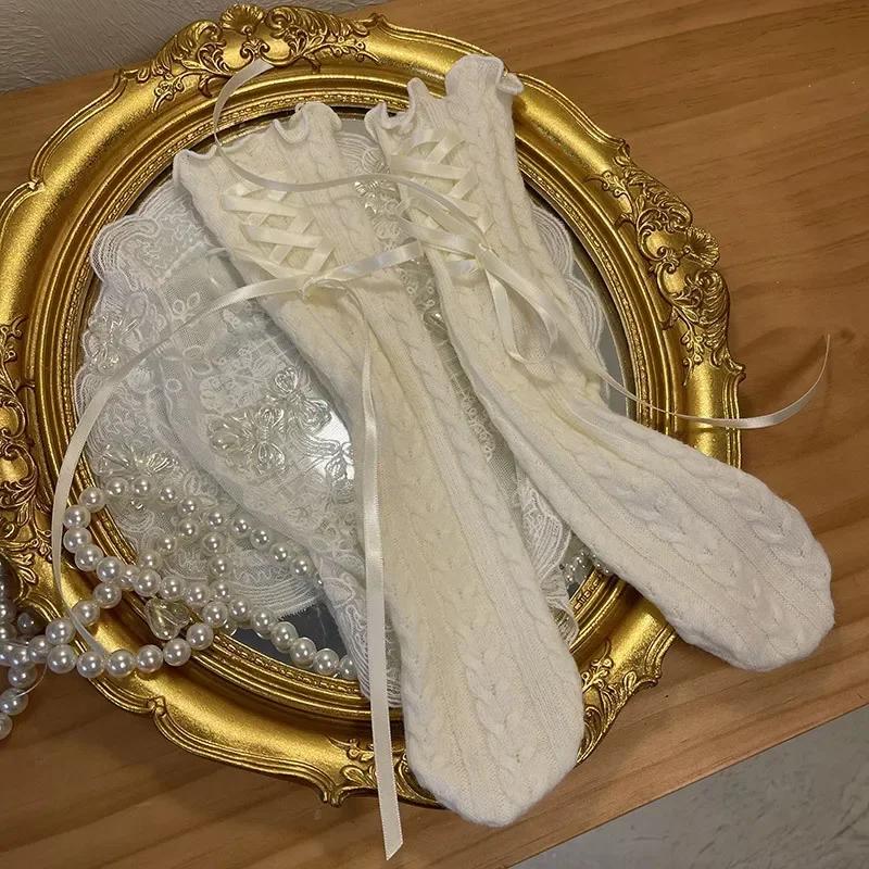 1 Pair Fashion Design Kids Girl Sock Korean Lace Bow Ribbon Ruffle Calf Sock for Children Autumn Spring Wool Cashmere Sock
