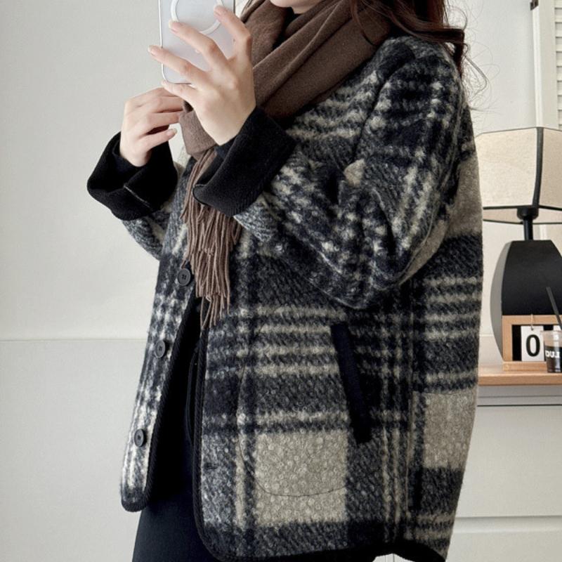 Повседневные клетчатые куртки с круглым вырезом женские винтажные свободные теплые однобортные куртки с карманами женские пальто весна осень универсальная верхняя одежда