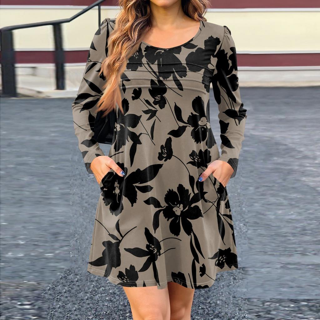 Женское платье с длинным рукавом, осеннее повседневное, футболка, свободного кроя, с плиссировкой спереди, платья с карманами