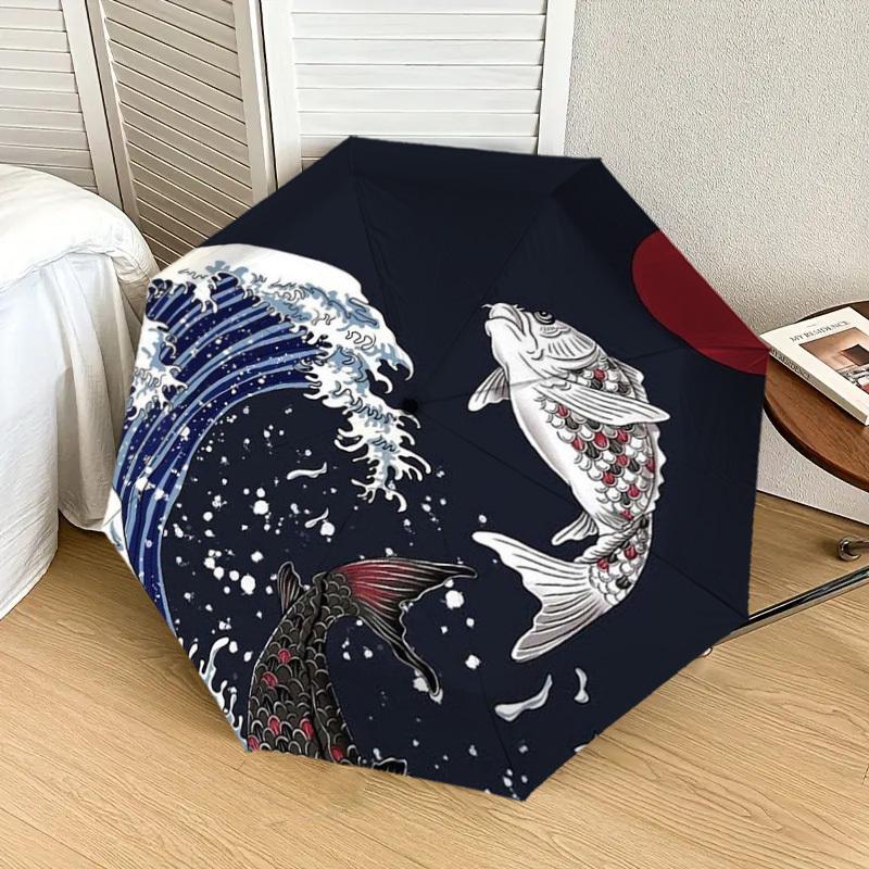 1pc Koi Fish Swimming Against the Current Umbrella with Plastic Handle,Suitable for All Seasons Home Travel Outdoor UmbrellaDD549