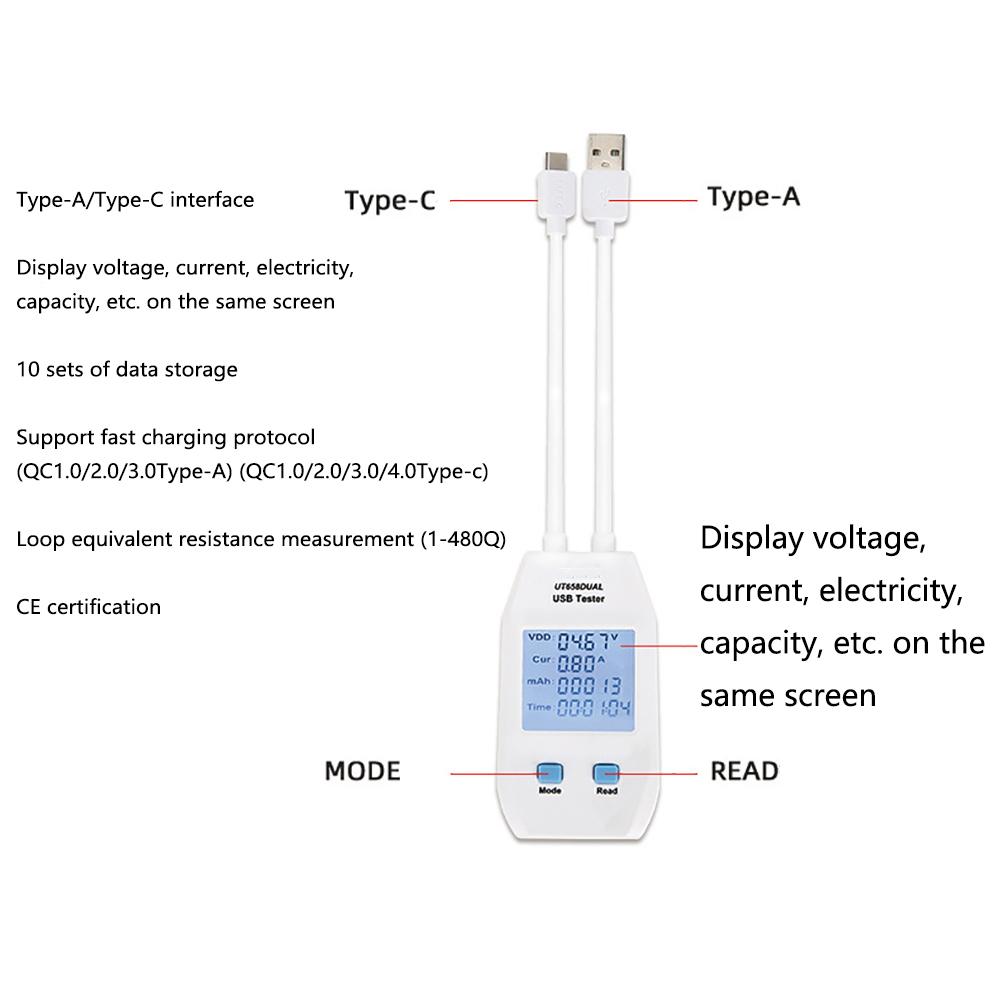 Цифровой вольтметр-амперметр с детектором USB Type C (UT658 двойной), измеритель напряжения