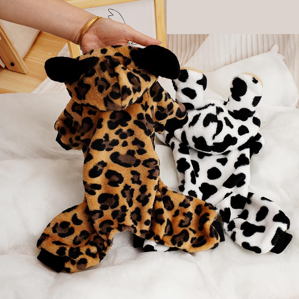 Cute Dog Jumpsuit Warm Dog Clothes Coat Winter Pet Puppy Leopard Hoodie Jacket Soft Outfit for Small Medium Dogs Chihuahua Pug