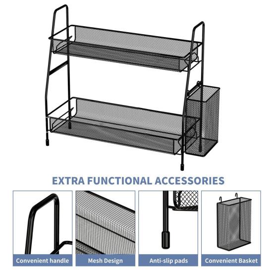 Double Layer Storage Rack with Side Storage Basket Hollow Mesh Iron Detachable Stable Anti-skid