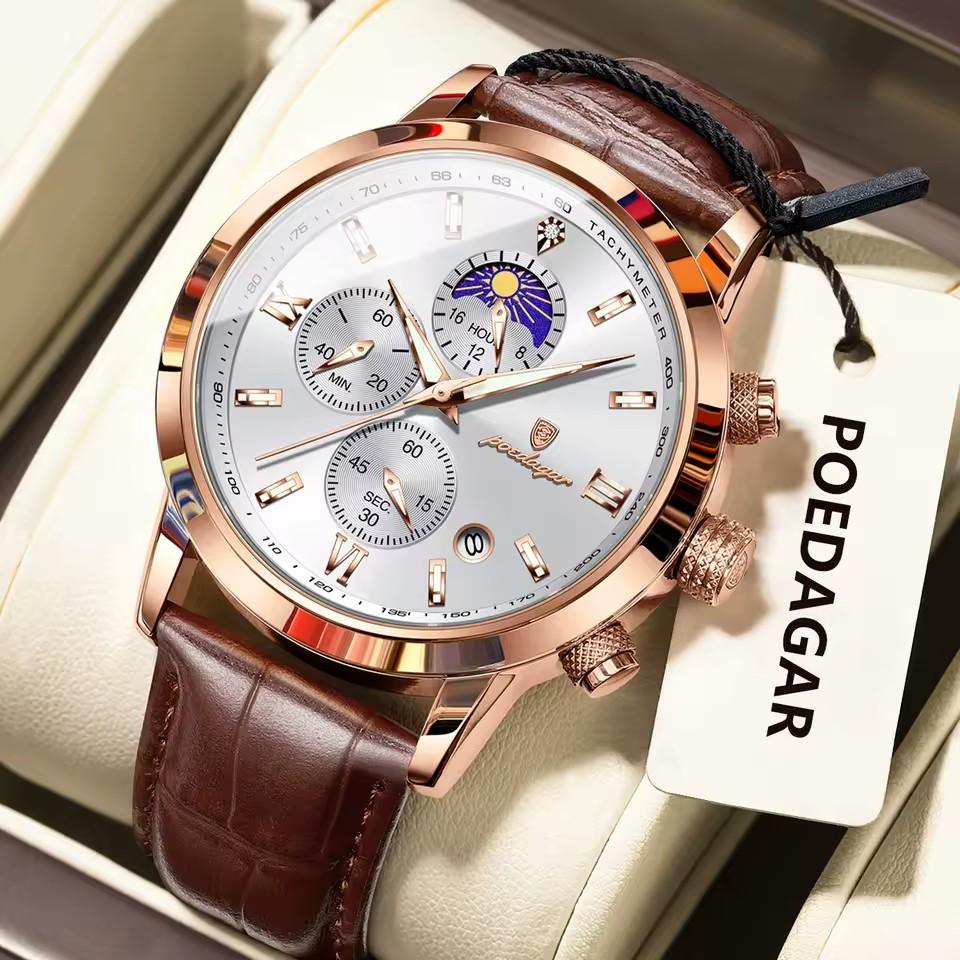 POEDAGAR Luxury Sports Watch for Men Waterproof Luminous Date Chronograph Wristwatch Leather Quartz Watches Reloj